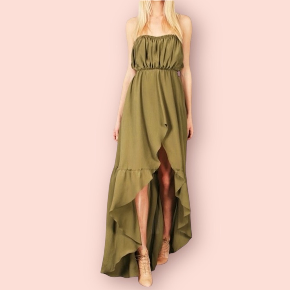THREAD SOCIAL Green Strapless Chiffon Maxi Dress